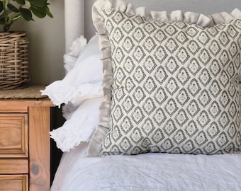 Natural Linen Cushion Cover, Soft Sage Green Print with Earthy Beige Frilled Edges - Celine