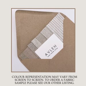 May include: A brown paper envelope containing a stack of fabric swatches. The swatches are various shades of beige and white linen. A business card with the text "AVLEN Linen Home Living" is visible on top of the swatches.