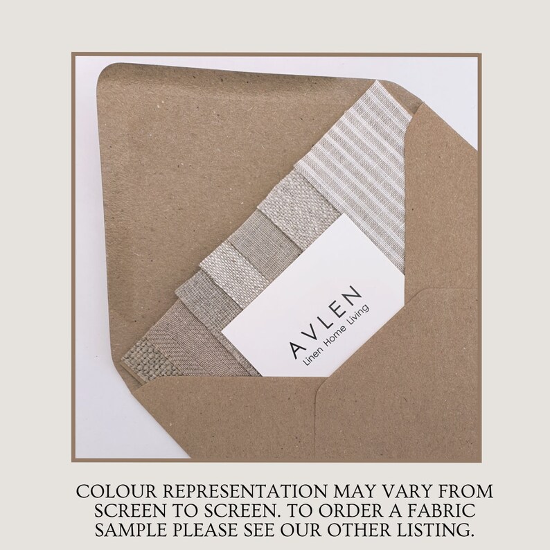 May include: A brown paper envelope containing a stack of fabric swatches. The swatches are various shades of beige and white linen. A business card with the text "AVLEN Linen Home Living" is visible on top of the swatches.