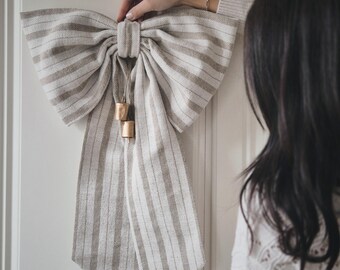 Supersized Striped Linen Bow Decor, Neutral Stripe Nursery Wall Hanging, Padded Linen Bow Ornament, Cottagecore Baby Room Decor, Handmade UK