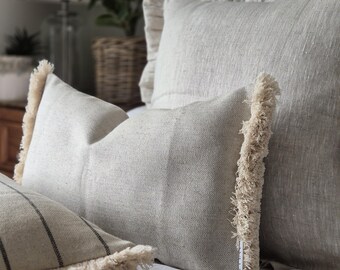 Natural Linen Cushion Cover, Oblong Earthy Beige with Fringed Edges, Home Decor - Sara