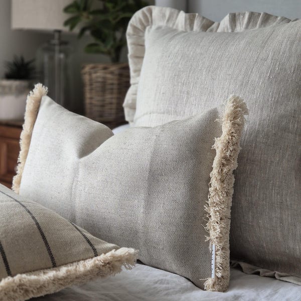 Natural Linen Cushion Cover, Oblong Earthy Beige with Fringed Edges, Home Decor - Sara