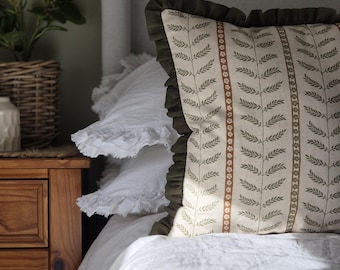 Natural Linen Cushion Cover, Vintage Floral Print with Earthy Green Frilled Edge