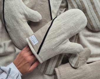 Linen Oven Gloves – Handmade Neutral Kitchen Mitts, Pair