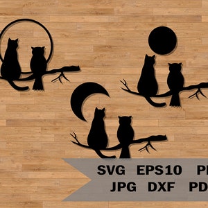 Plantilla de gato en un árbol svg, plantilla de búho en un árbol, descarga instantánea, digital, corte láser, arte de pared, corte de amantes de los gatitos, Cricut y Silhouette
