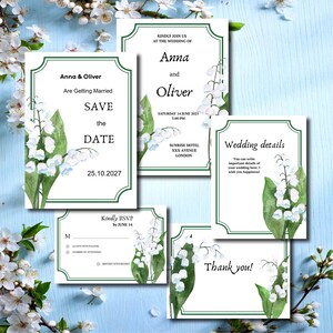 Modèle d'invitation de mariage muguet aquarelle, style floral minimaliste, invitation modifiable de fleurs sauvages en toile, mariage de printemps rustique