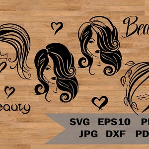 Plantilla SVG de salón de belleza, estilista de peluquería, mujer de moda, archivo SVG de chica de belleza, princesa de cabello largo, SVG para Cricut y Silhouette