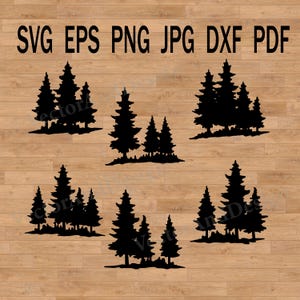 Árboles de abeto SVG, paquete SVG de escena forestal, archivo SVG de paisaje, clipart de naturaleza, silueta de bosque, bosque al aire libre SVG, aventura SVG