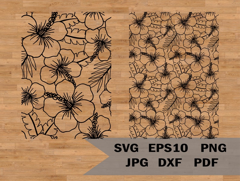 Puede incluir: Dos dise&ntilde;os rectangulares con un patr&oacute;n floral de contorno negro de flores de hibisco y hojas sobre un fondo beige. Los dise&ntilde;os est&aacute;n sobre un fondo de madera. Debajo, las abreviaturas de los tipos de archivo: SVG EPS10 PNG JPG DXF PDF.