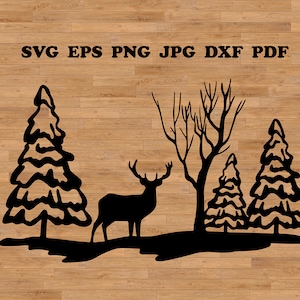 Paesaggio invernale in formato SVG, Scena natalizia in formato SVG, Scena invernale in formato SVG, Pini in formato SVG, Boschi innevati in formato SVG, Pacchetto SVG di Natale, Bosco invernale in formato SVG