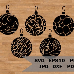 5 diseños SVG, plantilla de bolas navideñas SVG, juguetes navideños, kit de corte láser vectorial, decoración de Año Nuevo, archivos SVG para Cricut y Silhouette
