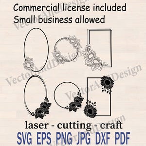 Sonnenblumen-Rahmen-SVG-Bundle, runde, ovale und rechteckige Blumenrahmen für Laser und Cricut