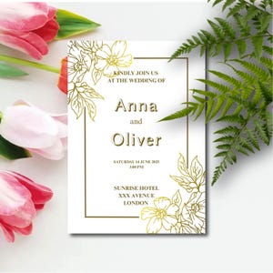 Bloemen bruiloft uitnodiging sjabloon, minimalistische stijl, bewerkbare canva wilde bloemen uitnodigen, rustieke lente bruiloft, afdrukbare digitale download