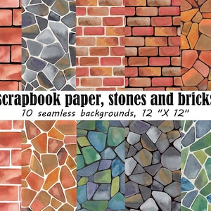 Muro de piedra, papel para scrapbooking digital, ladrillo, piedra, patrón sin costuras de acuarela, papel para diseño, fondo de acuarela
