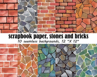 Stone wall, digital scrapbooking paper, brick, stone, watercolor seamless pattern, paper for design, watercolor background