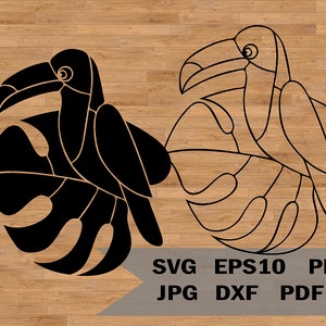Plantilla svg de planta de tucán y monstera, clipart de verano tropical, calcomanía svg de hawái, plantas tropicales, para cricut y Silhouette