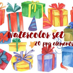 Gift boxes watercolor clipart, Watercolor Christmas Presents, Merry Christmas, Watercolor Ribbon, Bow Clipart, PNG Craft Gifts, Celebration