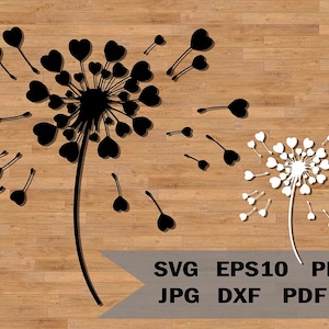 Löwenzahn Vorlage svg, Samen Herz Vorlage, cut Datei für Cricut und Silhouette, vektor stilisierte Pusteblume Schablone, romantische Vorlage svg