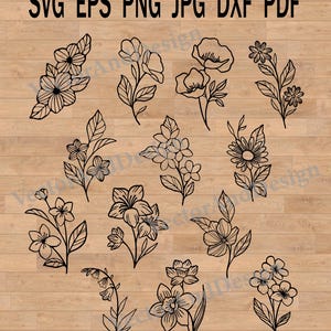 Flowers svg, simple design for tattoo, Flower stencil Clip Art PNG, Wildflowers SVG file for Cricut