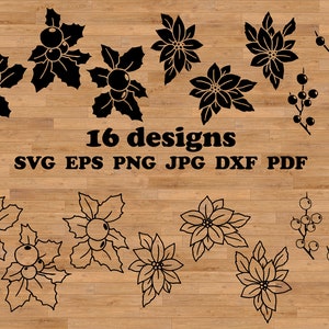 kerstbloem svg, kersthulst svg, hulstbladeren, hulst gesneden bestand, kerstversiering, poinsettia svg-bestand, december svg