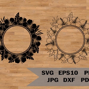Plantilla svg de marco tropical, marco de flores, plantilla svg de flor de hibisco hawaiana, archivo de corte de plantilla, Cricut y Silhouette, plantilla tropical