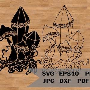 Modèle svg fabuleux champignons et cristaux, motif magique Halloween, pochoir champignon vénéneux, SVG pour Cricut et Silhouette
