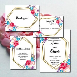Bright garden flowers Wedding Invitation Template, Minimalist classic style, Editable Canva Wildflower Invite, Rustic Spring Wedding