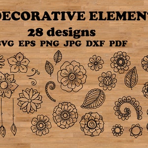 Elementos florales decorativos SVG, florituras SVG, adornos SVG, líneas SVG, elementos de diseño SVG, garabatos SVG, remolinos SVG