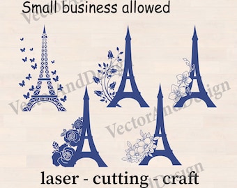 Eiffel Tower template svg, design Tropical flowers, orchids, butterflies fly, for Silhouette Cricut