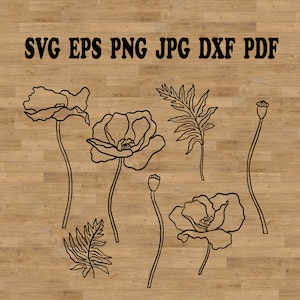 Fichier svg fleurs de coquelicots, motif coquelicot, dessin au trait coquelicot, coquelicot dessiné main, dessin au trait floral, lot de fleurs svg, svg de fleurs sauvages, svg botanique