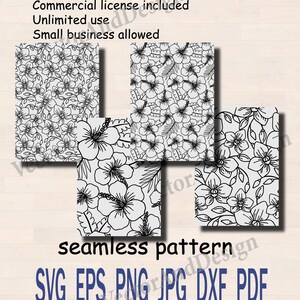 May include: Black and white floral seamless pattern designs. The image shows four rectangular designs with different floral patterns. Text includes "Commercial license included", "Unlimited use", "Small business allowed", and file type options.
