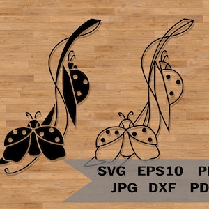 Coccinella digitale, modello coccinella su un ramo svg, file da tagliare, stencil Silhouette nera, vettore di design, scarabeo rosso su un ramo, insetti svg