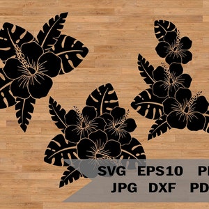 Plantilla svg de flores tropicales, plantilla svg de flor de hibisco hawaiana, archivo de corte de ramo, SVG para Cricut y Silhouette, plantilla tropical
