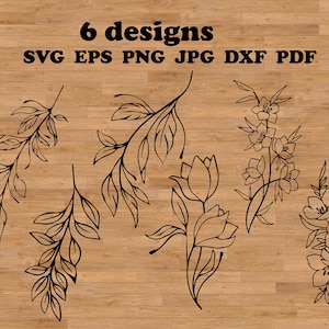 Ramas flores Svg, botánico svg, floral dibujado a mano, vector floral, clipart botánico, flor silvestre svg, paquete floral svg, arte lineal svg