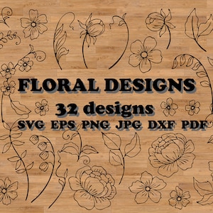 32 piezas de elementos florales SVG, arte lineal pintado, flor de contorno negro, SVG botánico, boda de bellas artes, clipart botánico, SVG de flores silvestres
