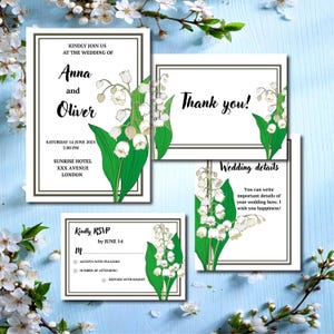 Modèle d'invitation de mariage avec du muguet, style floral minimaliste, invitation modifiable de fleurs sauvages en toile, mariage de printemps rustique