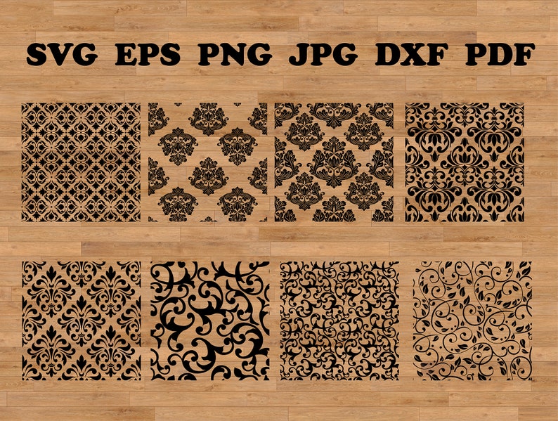 May include: Eight different black and white damask patterns. The patterns are arranged in two rows of four. The patterns are all different, but they all have a similar style. The patterns are all on a light brown wooden background.