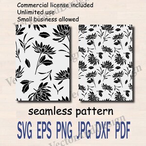 May include: Two digital art prints displaying a black and white floral seamless pattern. The prints feature stylized flowers and leaves on a white background. Text includes "Commercial license included", "Unlimited use", "Small business allowed", and file type options.