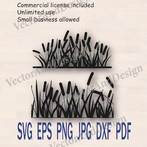 Può includere: Silhouette nera di giunchi e tife, un design a tema natura. L'immagine include il testo "Licenza commerciale inclusa", "Uso illimitato" e "Piccole imprese consentite". Formati file: SVG, EPS, PNG, JPG, DXF e PDF.