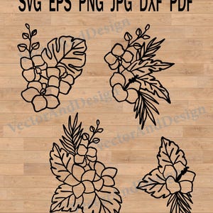 Tropical flowers svg file, Hibiscus Flowers Svg Bundle, summer tropical svg, Floral Line Art, Botanical Line Art SVG
