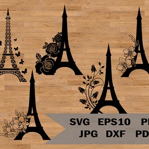 Torre Eiffel con modello di fiori in formato SVG, design della Torre Eiffel in formato SVG, fiori tropicali, orchidee, rose, farfalle che volano, per Silhouette Cricut,
