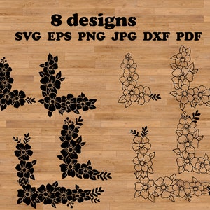 コーナーフラワーSVG、花ボーダーSVG、フレームカットファイル、花のシルエット、ボーダーカットファイル、春SVG、装飾コーナー、植物SVG