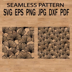 May include: Two square seamless patterns with a black ginkgo leaf design on a tan background. The text "SEAMLESS PATTERN" is above the patterns, with file type abbreviations below.