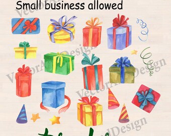 Watercolor Gift Box PNG Clipart Bundle, Present Boxes with Ribbons and Bows