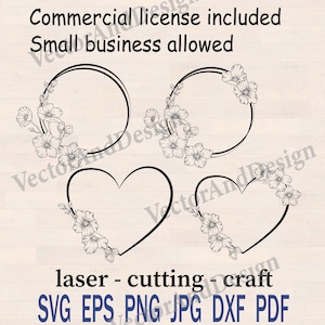 Pacote de arquivos SVG com molduras de flores de cerejeira, molduras florais redondas e em formato de coração para trabalhos a laser.