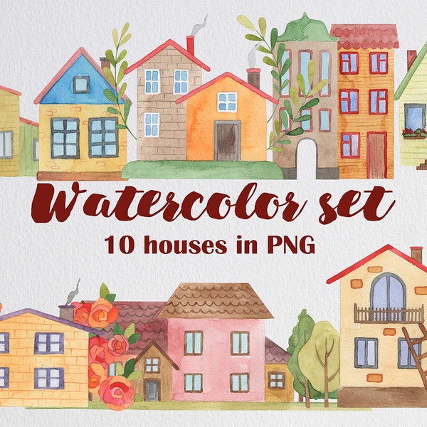 Watercolor houses on a transparent background in png, 10 png files Digital watercolor, Home Clip art Hand Painted, transparent background