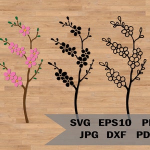 桜の枝テンプレート SVG、桜の花 SVG カット ファイル、花の枝 SVG、Cricut 用、シルエット、日本語、ウェディング ツリー