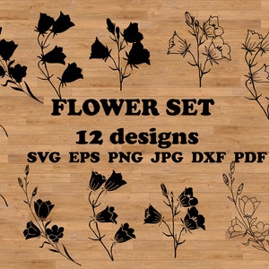 Flor de sino azul svg, flor de primavera svg, flor de nascimento svg, clip art botânico, sino azul, buquê floral svg, contorno floral svg