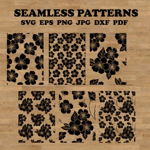 シームレス パターン SVG 咲く桜、植物のクリカット、花のシルエット SVG、かわいいビニール カット ファイル、壁紙クリップアート、甘いシルエット