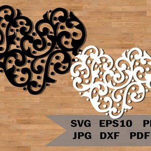 Corazón calado con remolinos svg, Plantilla de corazón abstracto, Plantilla de corazón imprimible para cortar, SVG para Cricut y Silhouette, Plantilla de amor svg